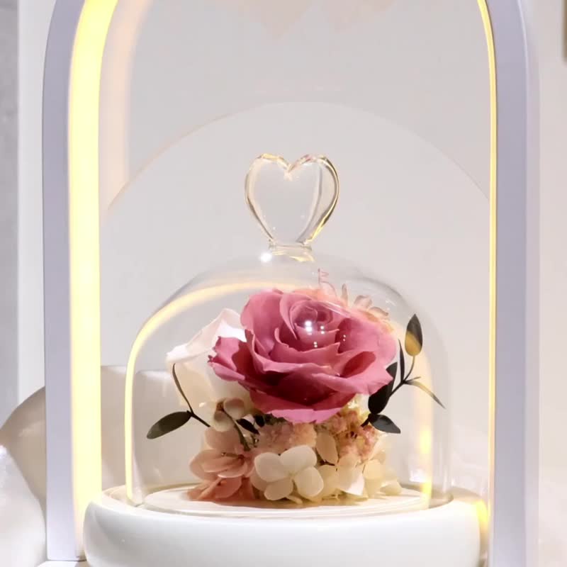 母亲节礼物_永生花拱型心型玻璃花盅夜灯 - 干燥玫瑰 + 白色系 - 干燥花/捧花 - 植物．花 