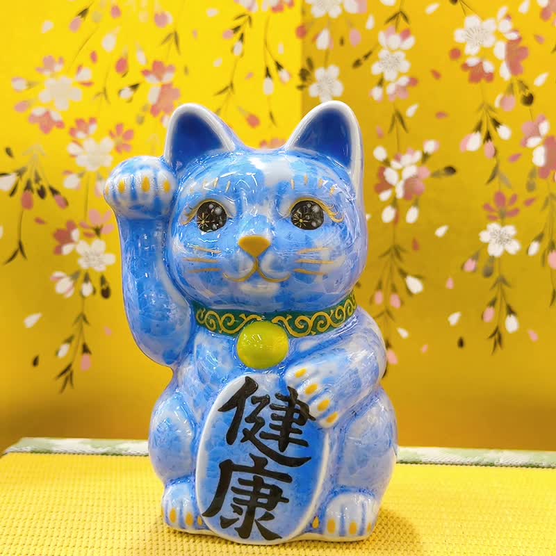 【青晶祈健】日本清水烧招财猫 | 花结晶 青 - 健康 右 - 摆饰 - 瓷 蓝色
