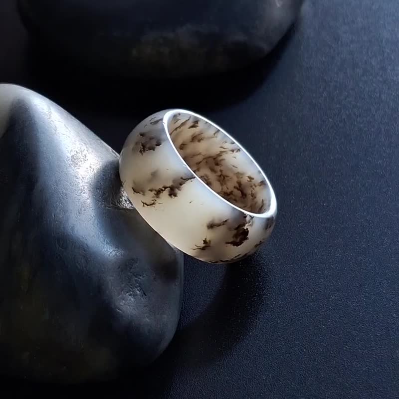 19.8mm | 天然和田玉水草花戒指玉戒圈 | 女戒男戒吊坠 - 戒指 - 玉石 
