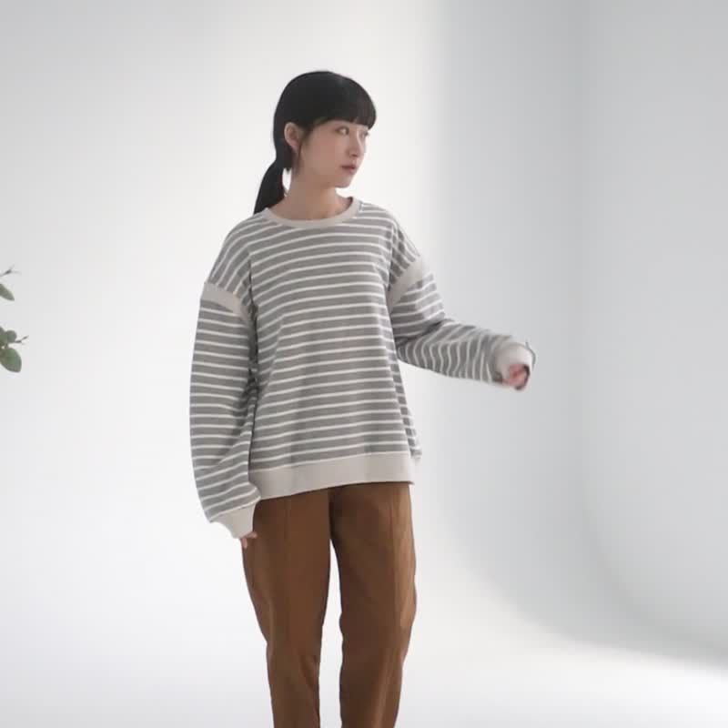 【Simply Yours】条纹拼接大学T 灰白F - 女装上衣 - 棉 灰色