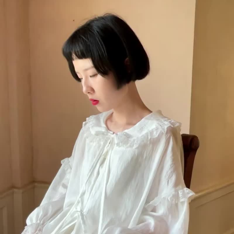 月光白 柔光少女娃娃領蕾絲花邊防曬服 夏季寬松輕薄外套長罩衫 - 女装衬衫 - 棉 白色