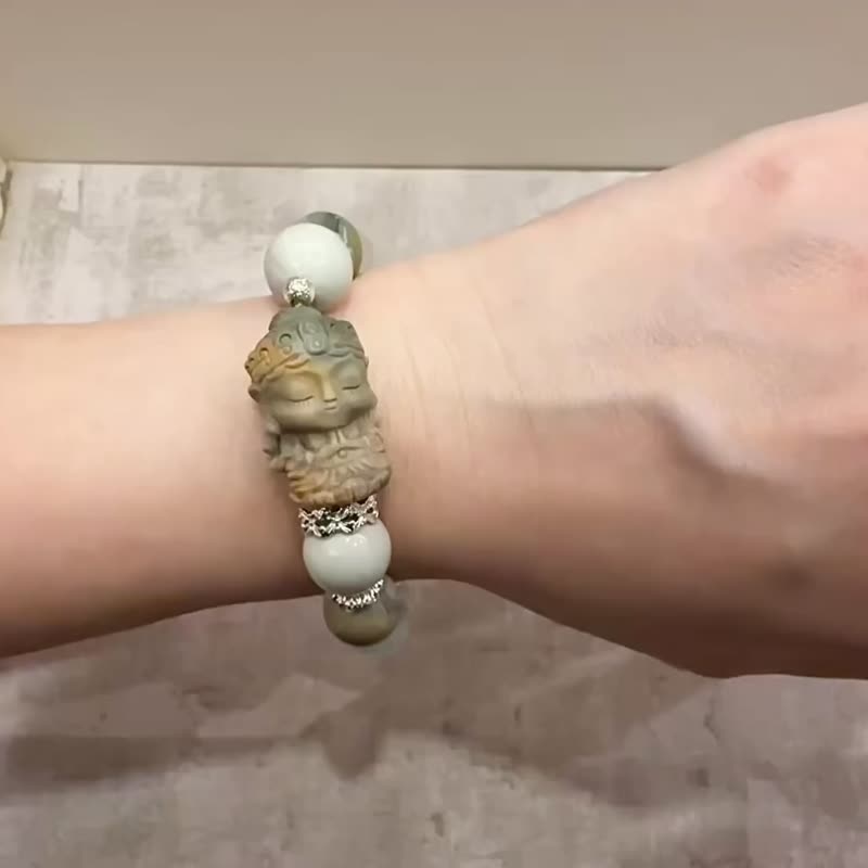 阿拉善玛瑙 精雕观音 海蓝宝 蓝晶石 白水晶 平静心灵 保平安 - 手链/手环 - 玉石 