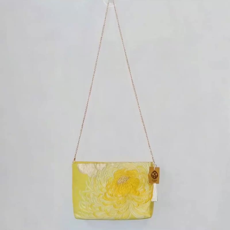 日本真丝和服袋带肩背包, 手工刺绣斜挎包, 环保再生设计, 亲民版 - 侧背包/斜挎包 - 丝．绢 黄色