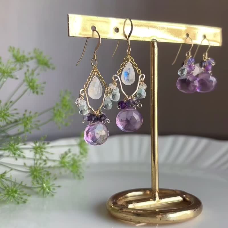 14KGF 紫水晶 x 月光石 吊灯耳环 / 二月诞生石 / 耳夹 - 耳环/耳夹 - 宝石 紫色