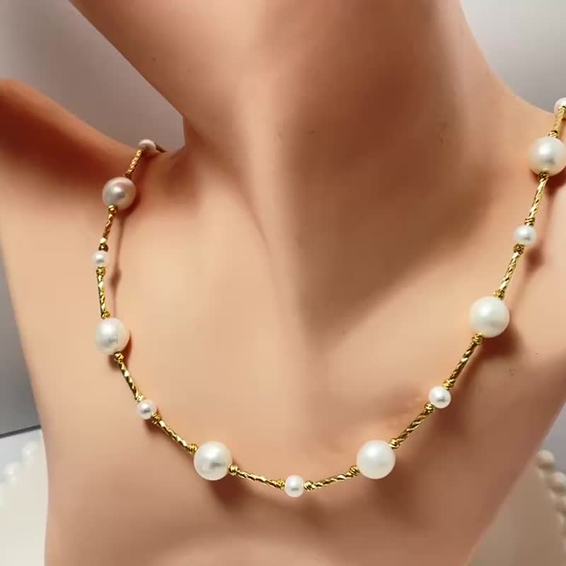 满天星 天然淡水珍珠 华丽 项链 毛衣链 - 项链 - 珍珠 白色