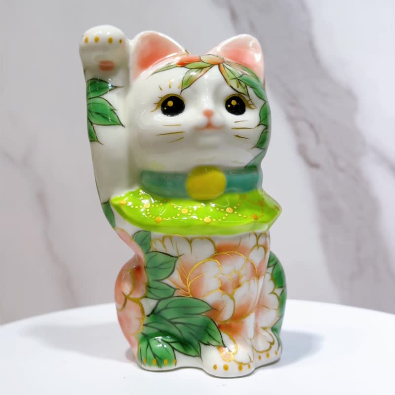 【福丹绽华】日本清水烧招财猫 | 色绘 - 白地 牡丹 - 摆饰 - 瓷 白色