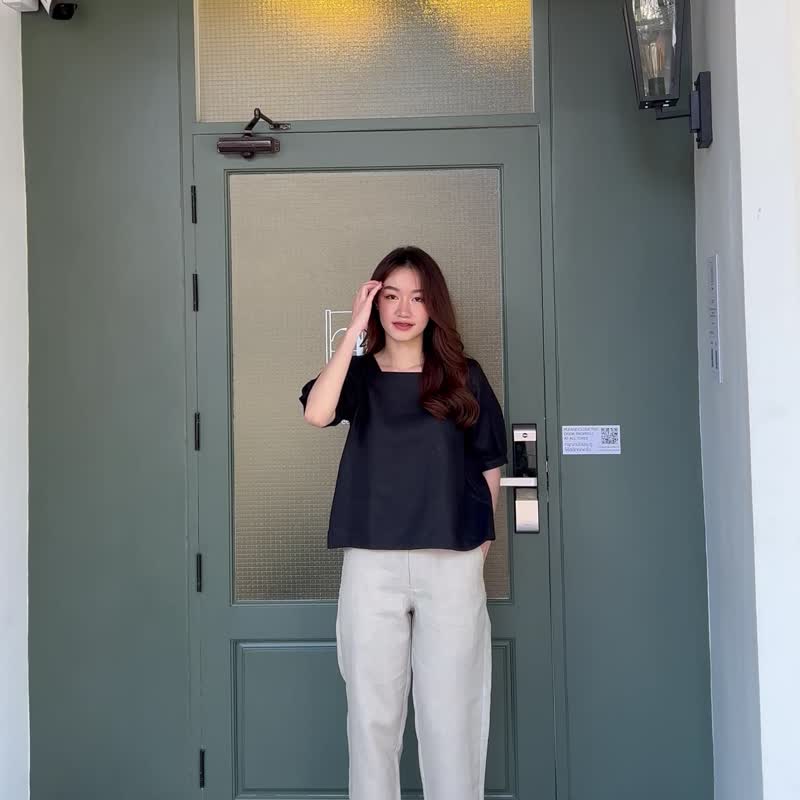 Primrose Blouse：亚麻衬衫，方领，娃娃袖，黑。 - 女装上衣 - 棉．麻 黑色