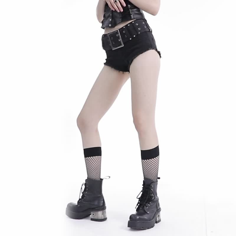 庞克权力意志腰带牛仔热裤 / 附腰带 - 女装短裤 - 其他材质 黑色