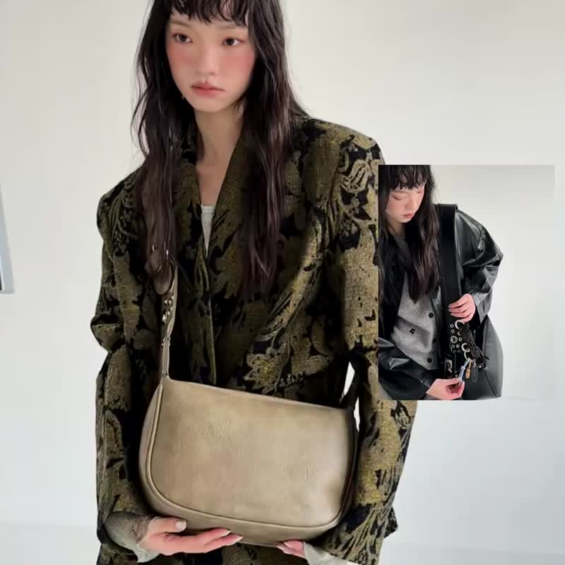 橡子棕色 阿龐bunbun包 哐哐打洞 柔軟機車方包 側背肩背包 - 侧背包/斜挎包 - 人造皮革 咖啡色