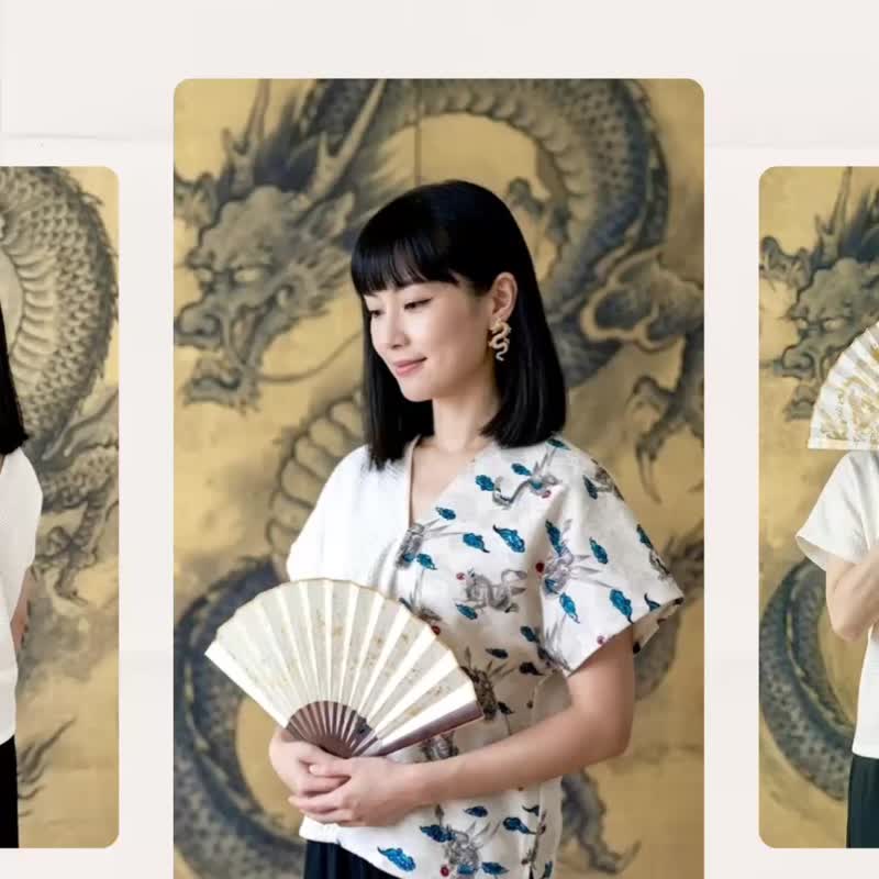 微修身米白刺绣洞洞小龙蓝色云拼接四角衣罩衫 - 女装背心 - 棉 白色