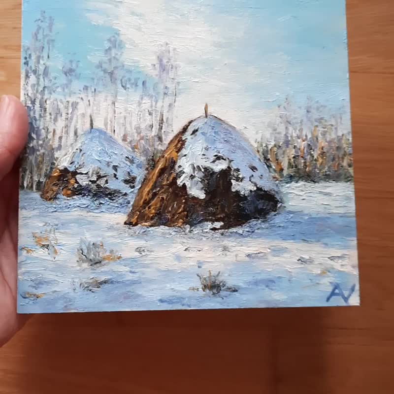 冬日干草堆 原创油画 雪景厚涂艺术品 - 墙贴/壁贴 - 木头 