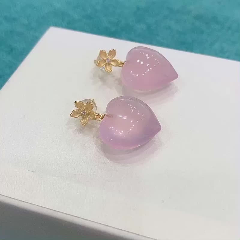 天然莫桑比克星光粉水晶爱心耳钉 耳坠 饱满圆润 颜色粉润 - 耳环/耳夹 - 水晶 
