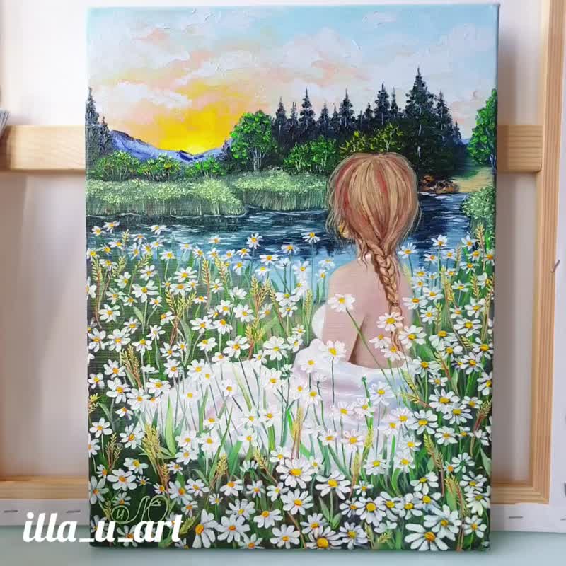 Girl Painting Daisy Original Art Landscape Artwork Oil Painting Canvas Art - 海报/装饰画/版画 - 棉 绿色