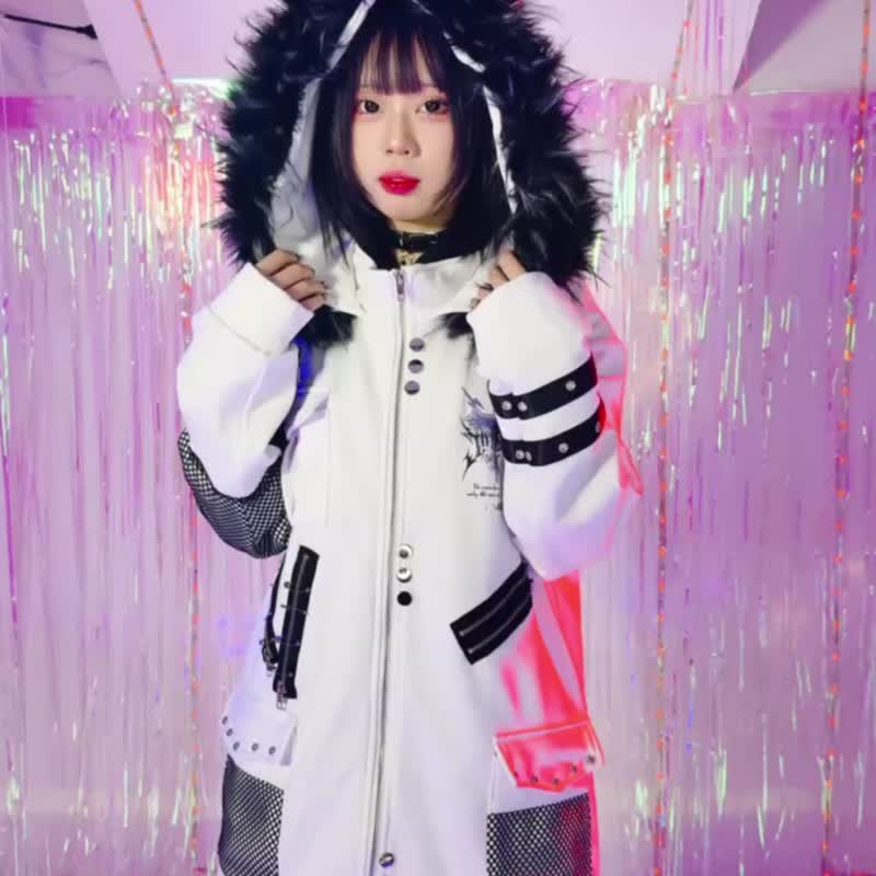 原创庞克风灵罪刻印翅膀十字架毛边刷毛连帽外套渔网拼接 JJ2559 - 男装外套 - 棉．麻 