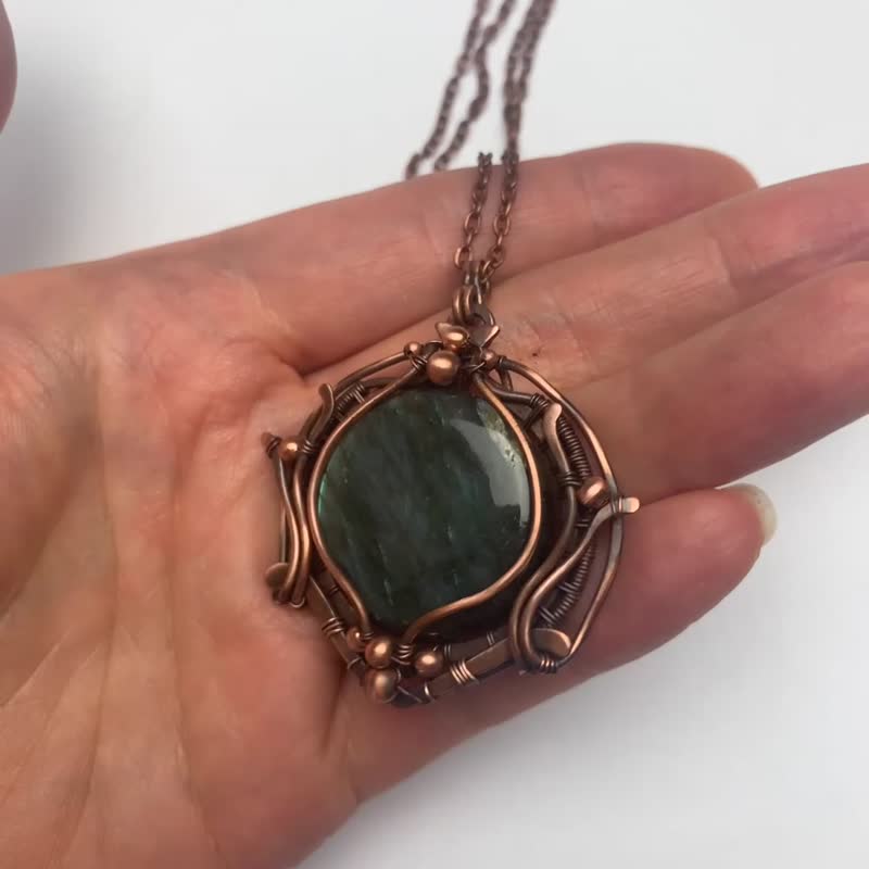 手工制作拉长石吊坠铜线缠绕珠宝纪念品项链 - 项链 - 半宝石 绿色