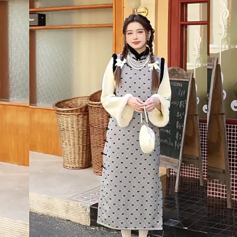 國風少女 黑白蝴蝶結洋裝旗袍 馬甲裙兩件套 新中式春節連身裙 - 洋装/连衣裙 - 聚酯纤维 白色