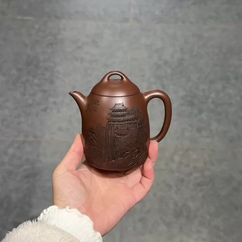 秦权 全手工 容量250cc/原矿紫泥壶形似柱上部收敛圆形截盖 - 茶具/茶杯 - 陶 咖啡色