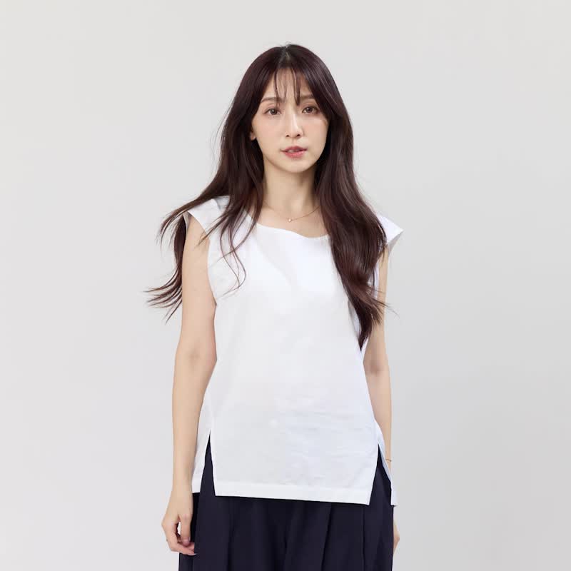 Dolly 簡約棉質夏日無袖小開岔上衣/ 丈青 - 女装上衣 - 棉 蓝色