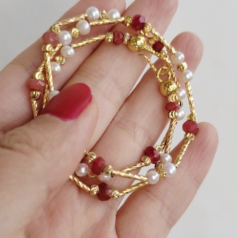 天然珍珠红宝石串珠项链 天然石锁骨链 40/60cm叠戴毛衣链 高保色 - 项链 - 半宝石 金色
