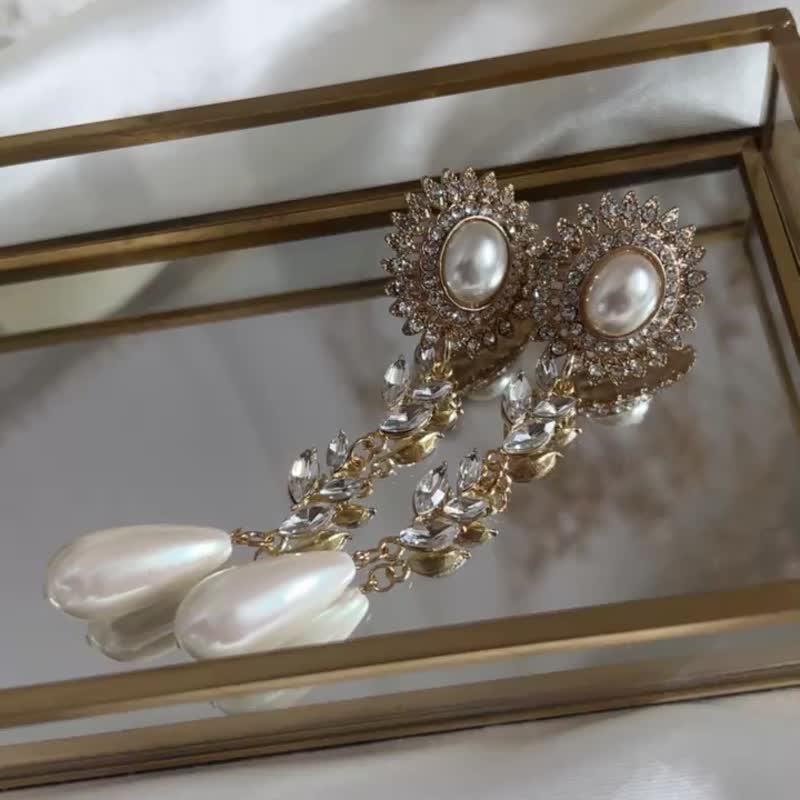wedding bridal pearl bijou wedding bride - 耳环/耳夹 - 其他金属 金色