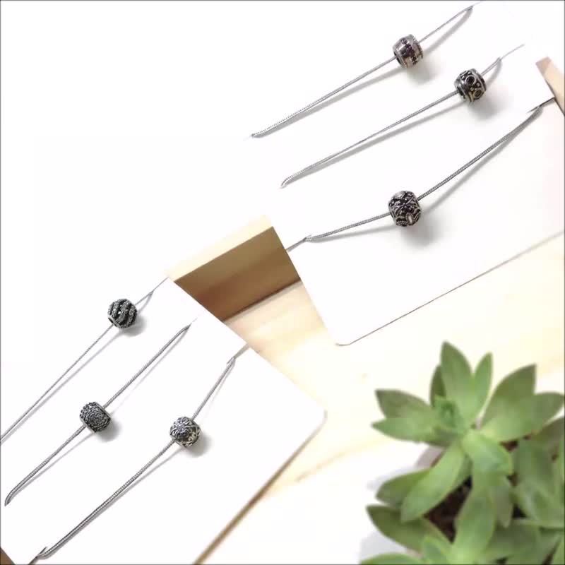 925纯银桶珠镶钻项链 圆珠银珠 40cm锁骨链 1mm链宽 4款选1 - 锁骨链 - 纯银 灰色