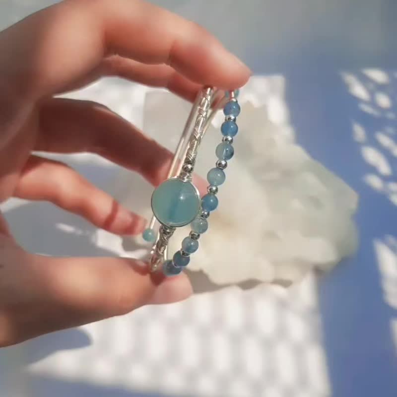 双圈矿石手环 海蓝宝 银曜石 石榴石 草莓晶 手工编织 记忆钢丝 - 手链/手环 - 其他金属 银色