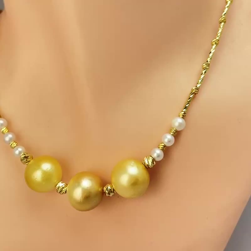 金色光芒 天然海水珍珠 菲律宾金珠 中金色 纯银 项链/毛衣链 - 项链 - 珍珠 金色