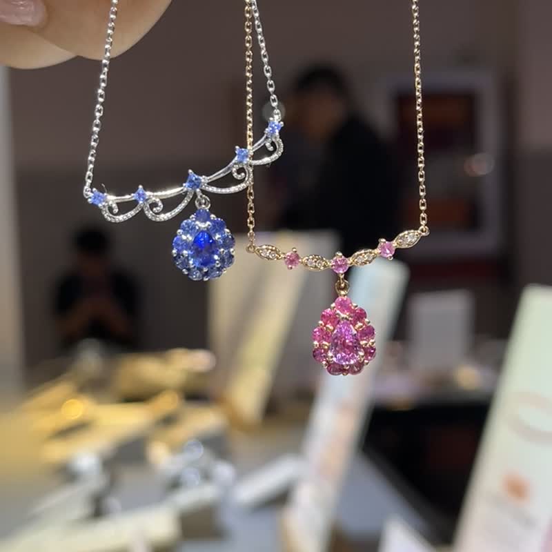 红粉咏叹蕾丝金珠刚玉彩色宝石粉色蓝宝石 18k 金项链对链 - 项链 - 宝石 粉红色