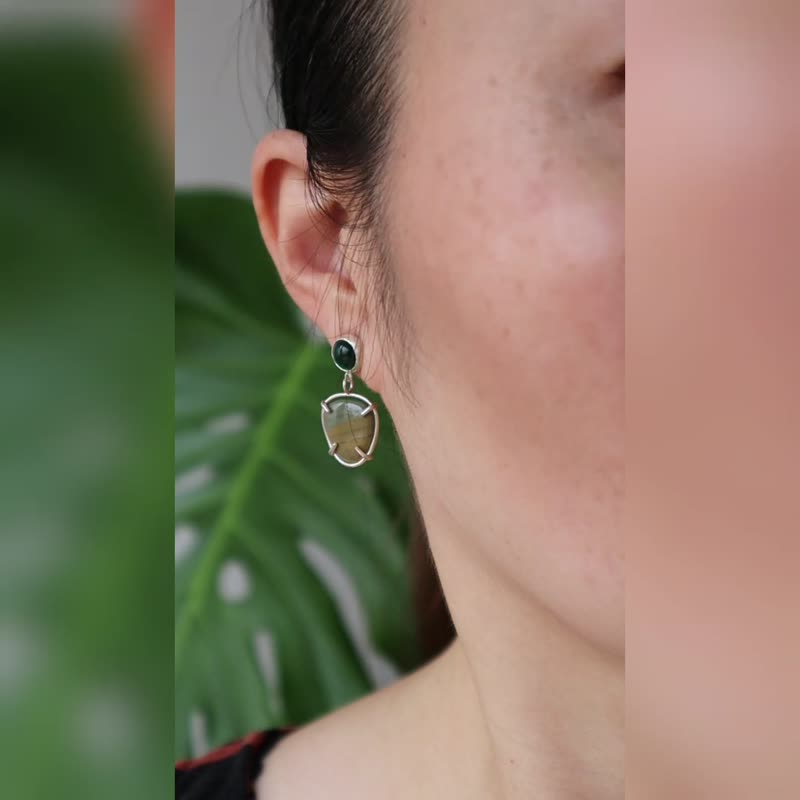 绿玛瑙碧玉石耳环-925银-手作-纯银耳针 - 耳环/耳夹 - 纯银 绿色