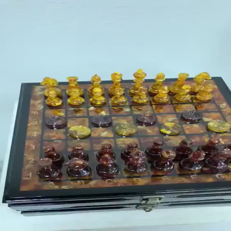 豪华琥珀西洋棋套装，配有手工雕刻的琥珀棋子|琥珀跳棋| 海蓝宝 - 桌游/玩具 - 木头 咖啡色