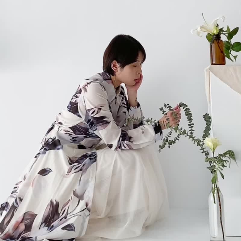 晕染印花白洋装 外罩衫 复古洋装 - 洋装/连衣裙 - 聚酯纤维 白色