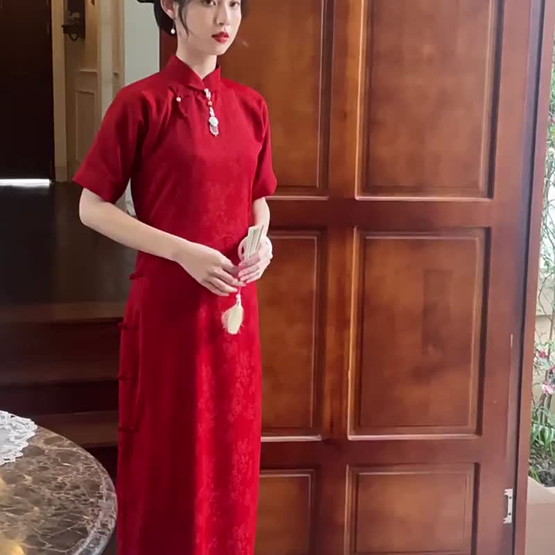 酒紅色 南枝 全開襟盤扣古法旗袍  復古改良中式新娘敬酒服禮服 - 旗袍 - 聚酯纤维 红色