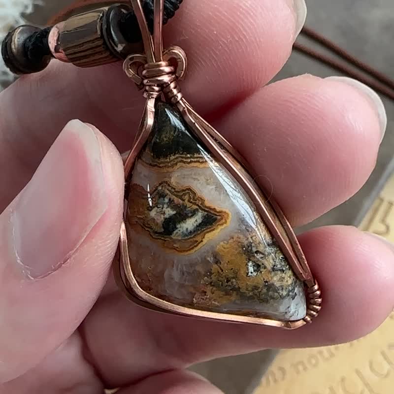 WW304 全手工编织 绕铜线 wire wrap 疯狂玛瑙 吊咀 - 项链 - 铜/黄铜 咖啡色
