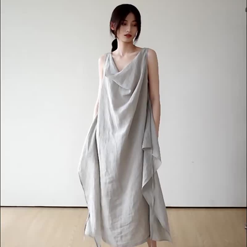 禾绿 2色 浪的摇摆立裁荡领多穿洋装 进口亚麻无袖宽松直筒连身裙 - 洋装/连衣裙 - 棉 绿色
