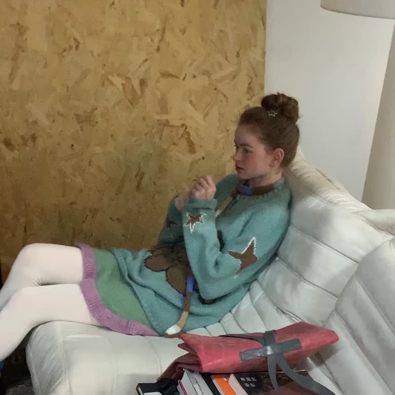 odd maker原创可爱小熊撞色纽扣针织衫女小个子宽松慵懒风毛衣 - 女装针织衫/毛衣 - 其他人造纤维 
