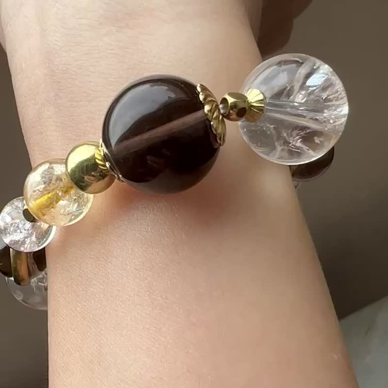 ||金丝|| 新沉静脉轮能量招财手环。白幽灵/黄水晶/茶晶/白水晶 - 手链/手环 - 水晶 金色