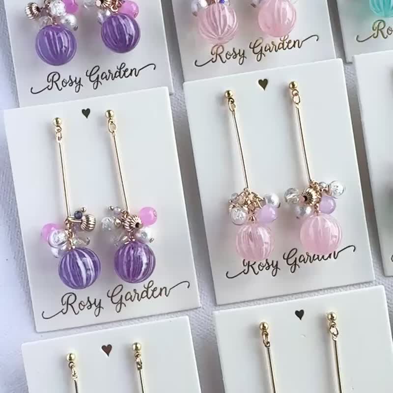 Rosy Garden 和风手鞠糖水晶球长款耳环 可换耳夹 - 耳环/耳夹 - 玻璃 紫色