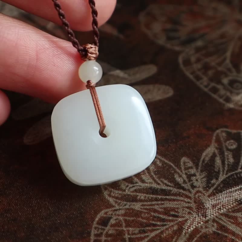 天然和田玉羊脂玉平安扣方扣吊坠项链 新疆羊脂玉 平安喜乐顺遂 - 项链 - 玉石 