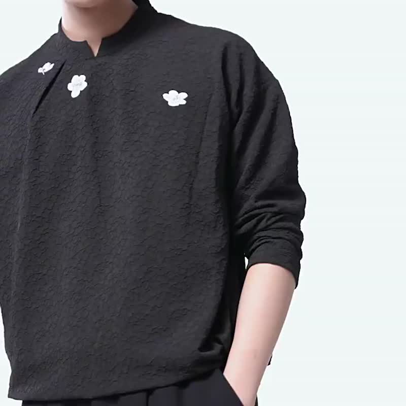 复古立领贴花T恤  男士提花长袖上衣 - 男装上衣/T 恤 - 棉．麻 黑色