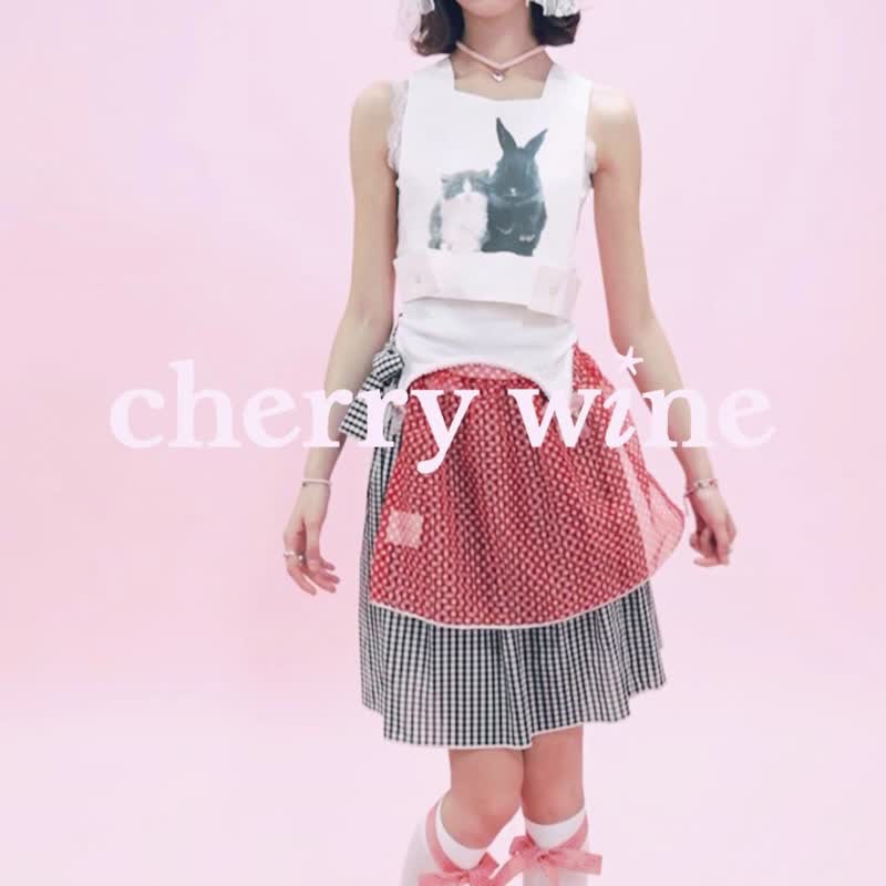 cherrywine Twin双子组合半裙红黑格子独立围裙复古少女夏款 - 裙子 - 棉．麻 红色