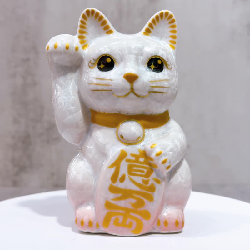 【晶雅富猫】日本清水烧招财猫 | 花结晶 桃白 亿万両 右 - 摆饰 - 瓷 白色