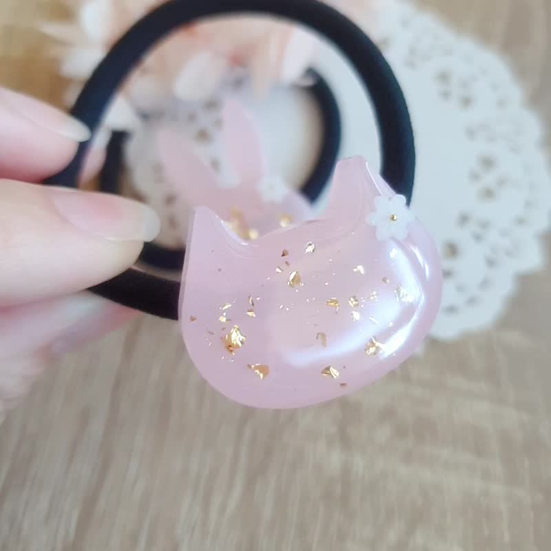 妍语手作 发圈 发束 绑头发 粉兔 粉猫 日本花 金箔 气质 梦幻 - 发饰 - 树脂 粉红色