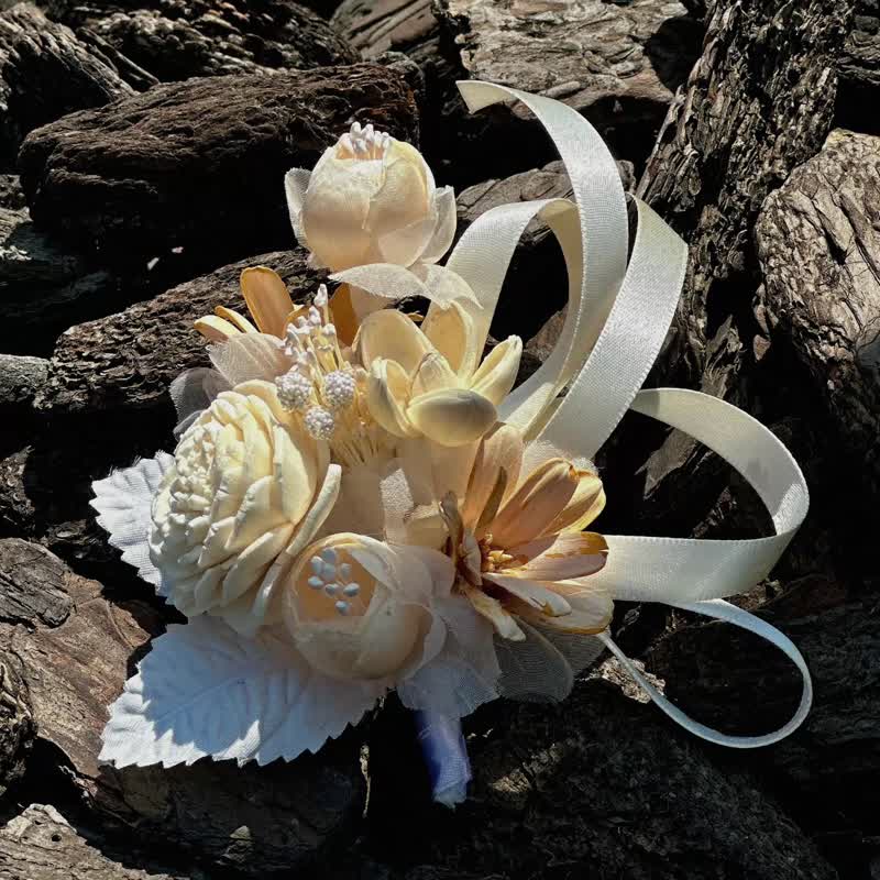 2朵1组黄色系手作花,胸花,布纱花,手腕花,礼服花,婚宴配饰,舞台花 - 胸花/手腕花 - 聚酯纤维 绿色