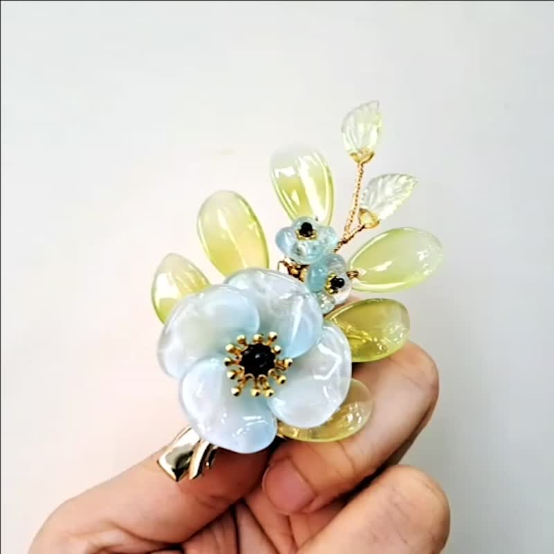 古风琉璃系列【蓝色花叶发夹】~鸭嘴夹 - 发饰 - 玻璃 蓝色