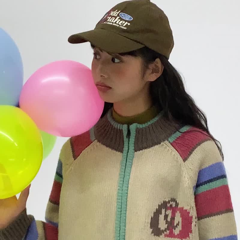 odd maker秋季复古撞色彩虹条纹毛衣针织开衫圆领拉链宽松外套女 - 女装上衣 - 棉．麻 