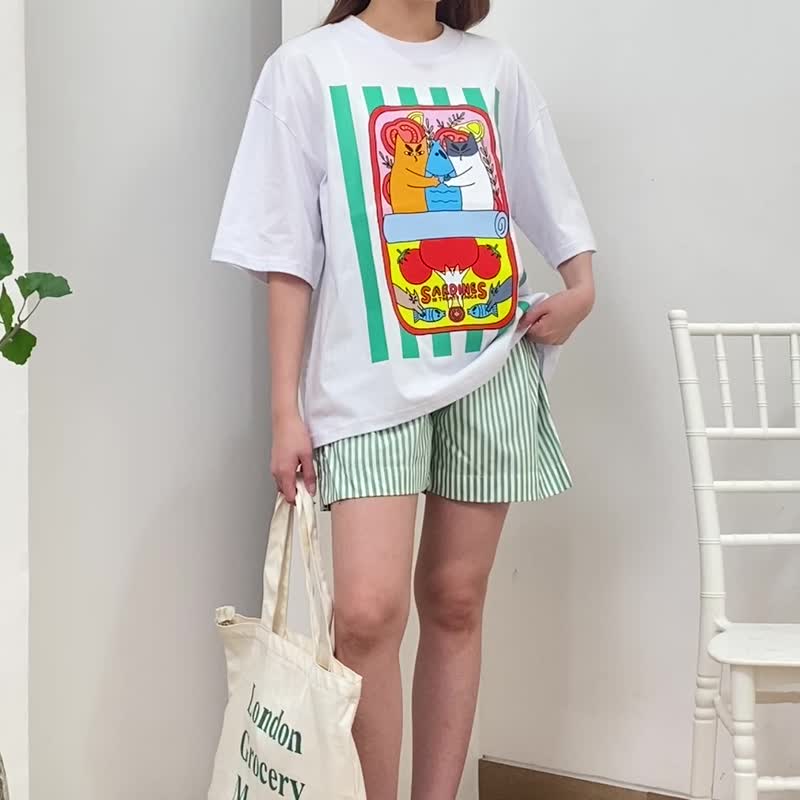 趣味沙丁鱼罐头猫咪睡衣组 100% 纯棉，海滨主题睡衣，咸味海滩衬衫，条纹长裤，猫咪爱好者礼物 - 居家服/睡衣 - 棉．麻 绿色