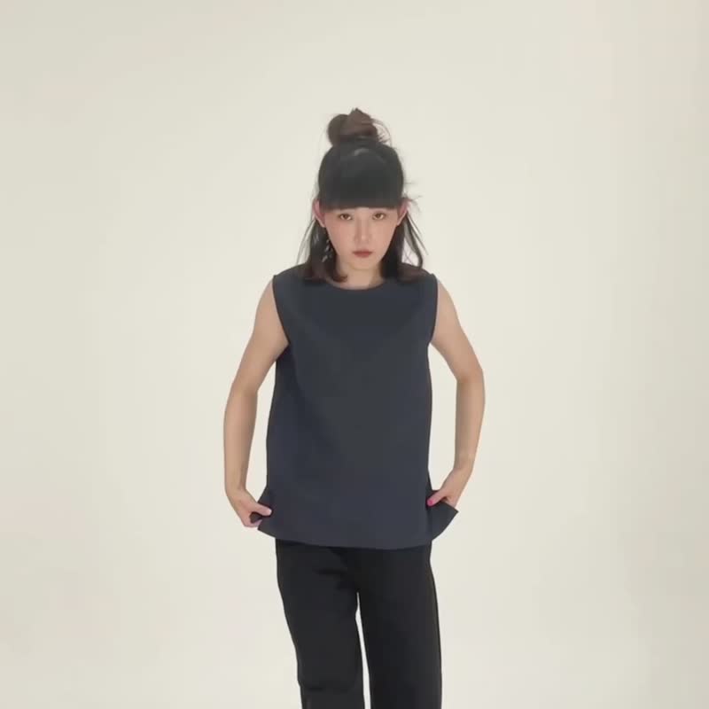 Linen Sleeveless Blouse with Button - Navy - 女装衬衫 - 亚麻 蓝色