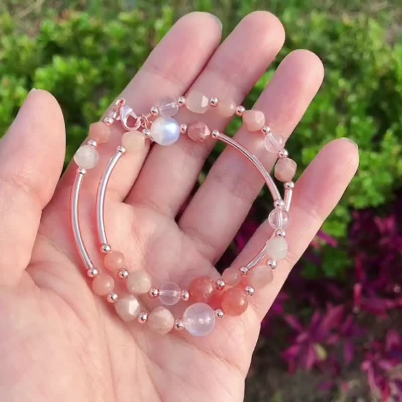 正能量 财运 自信 月光石 太阳石 白水晶 双圈手环 礼物 - 手链/手环 - 水晶 橘色