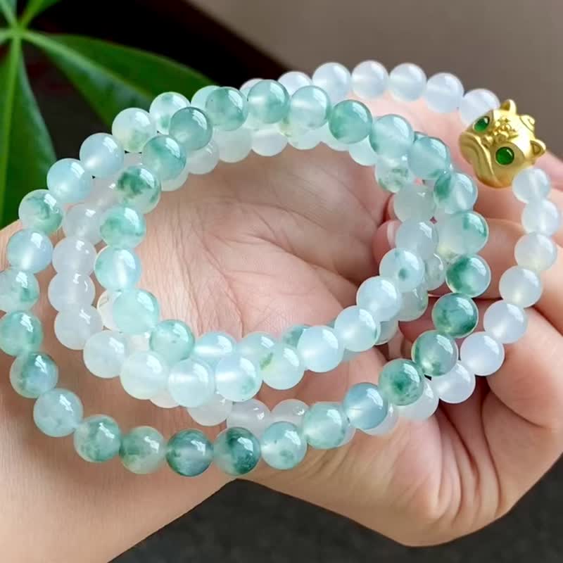 冰种翡翠天然翡翠 A玉 玉珠 玉链手链颈链 • 冰种飘花翡翠手串 - 手链/手环 - 玉石 绿色