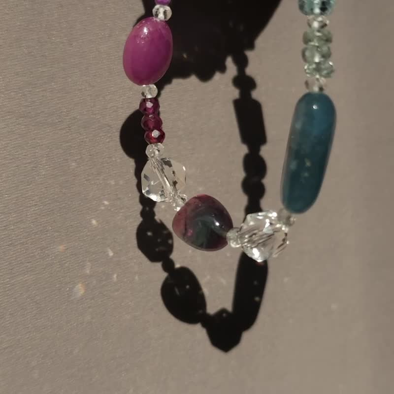 双色碧玺宝石银手链 海水蓝宝 天然红宝石 - 手链/手环 - 半宝石 多色